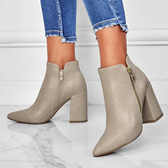 Chunky Heel Booties Pointed Toe Side Zip Ankle Boots