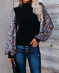 Disco Fever Sequin Sleeve Mock Neck Knit Top Oshnow