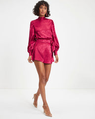 Divine Goddess Satin Mock Neck Romper - Red