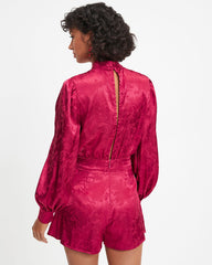 Divine Goddess Satin Mock Neck Romper - Red