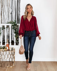 Dorinda Balloon Sleeve Bodysuit - Burgundy Oshnow