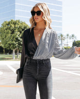 Double The Trouble Satin Houndstooth Drape Bodysuit Oshnow