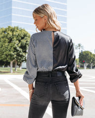 Double The Trouble Satin Houndstooth Drape Bodysuit Oshnow