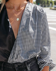 Double The Trouble Satin Houndstooth Drape Bodysuit Oshnow