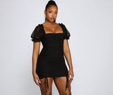 Drawn In Puff Sleeve Ruched Mini Dress Oshnow