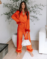 Marilynn Satin Feather Trim Pocketed Pants - Burnt Orange
