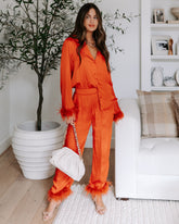 Marilynn Satin Feather Trim Pocketed Pants - Burnt Orange