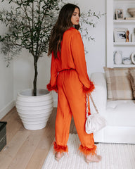 Marilynn Satin Feather Trim Pocketed Pants - Burnt Orange
