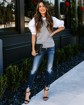 Eastern Time Contrast Puff Sleeve Sweater Top Oshnow