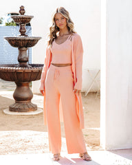 Effortlessly Chic Ribbed Drawstring Wide Leg Pants - Peach