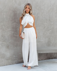 Elegant And Graceful Satin High Waisted Wide Leg Pants - Off White