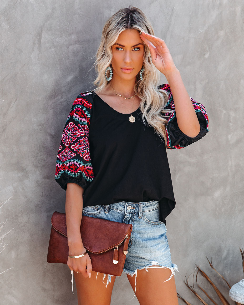 Etched In Stone Cotton Embroidered Puff Sleeve Top Oshnow