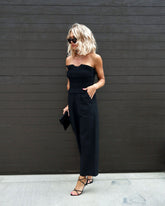Call Away Cotton Strapless Smocked Pocketed Jumpsuit - Black