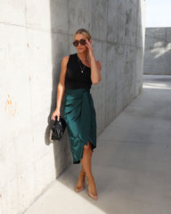 Evita Satin Wrap Midi Skirt - Dark Green