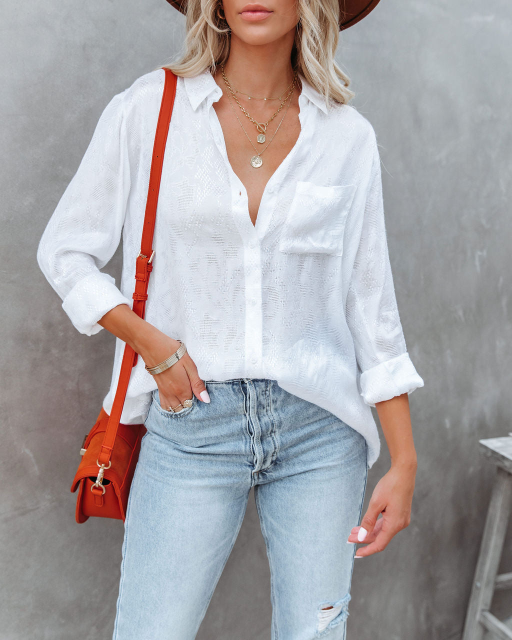 Farzana Textured Button Down Blouse - White Oshnow
