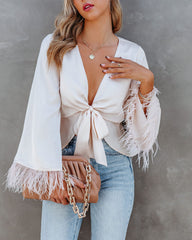 Feathers In The Wind Bell Sleeve Tie Blouse - Champagne Oshnow