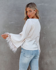 Feathers In The Wind Bell Sleeve Tie Blouse - Champagne Oshnow