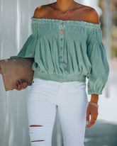 Fig Cotton Smocked Off The Shoulder Top - Sage Oshnow