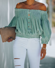 Fig Cotton Smocked Off The Shoulder Top - Sage Oshnow