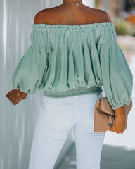 Fig Cotton Smocked Off The Shoulder Top - Sage Oshnow
