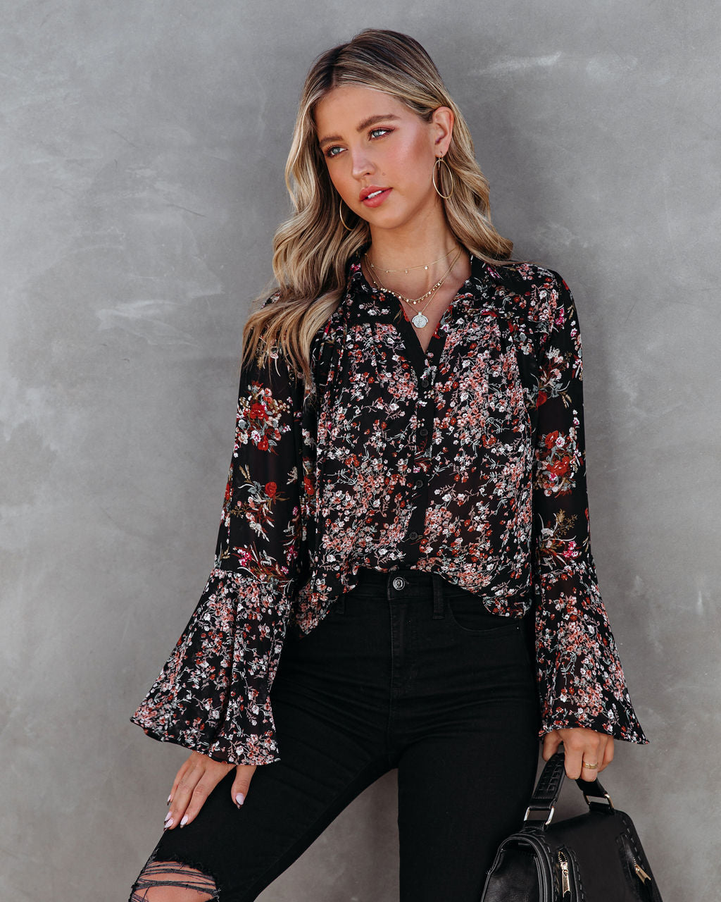 Find Love Again Floral Bell Sleeve Blouse Oshnow