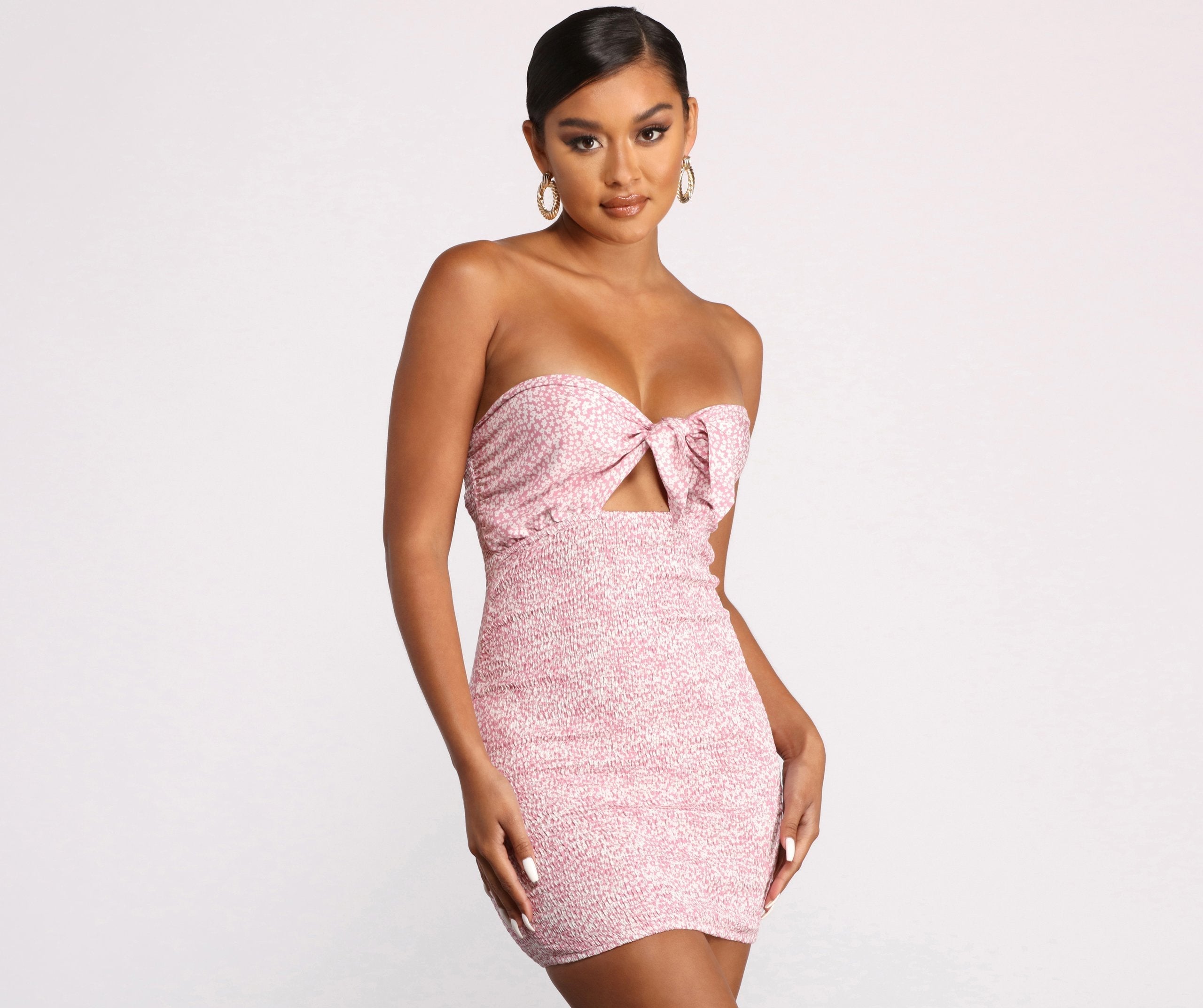 Floral Ditsy Smocked Tie Front Mini Dress Oshnow