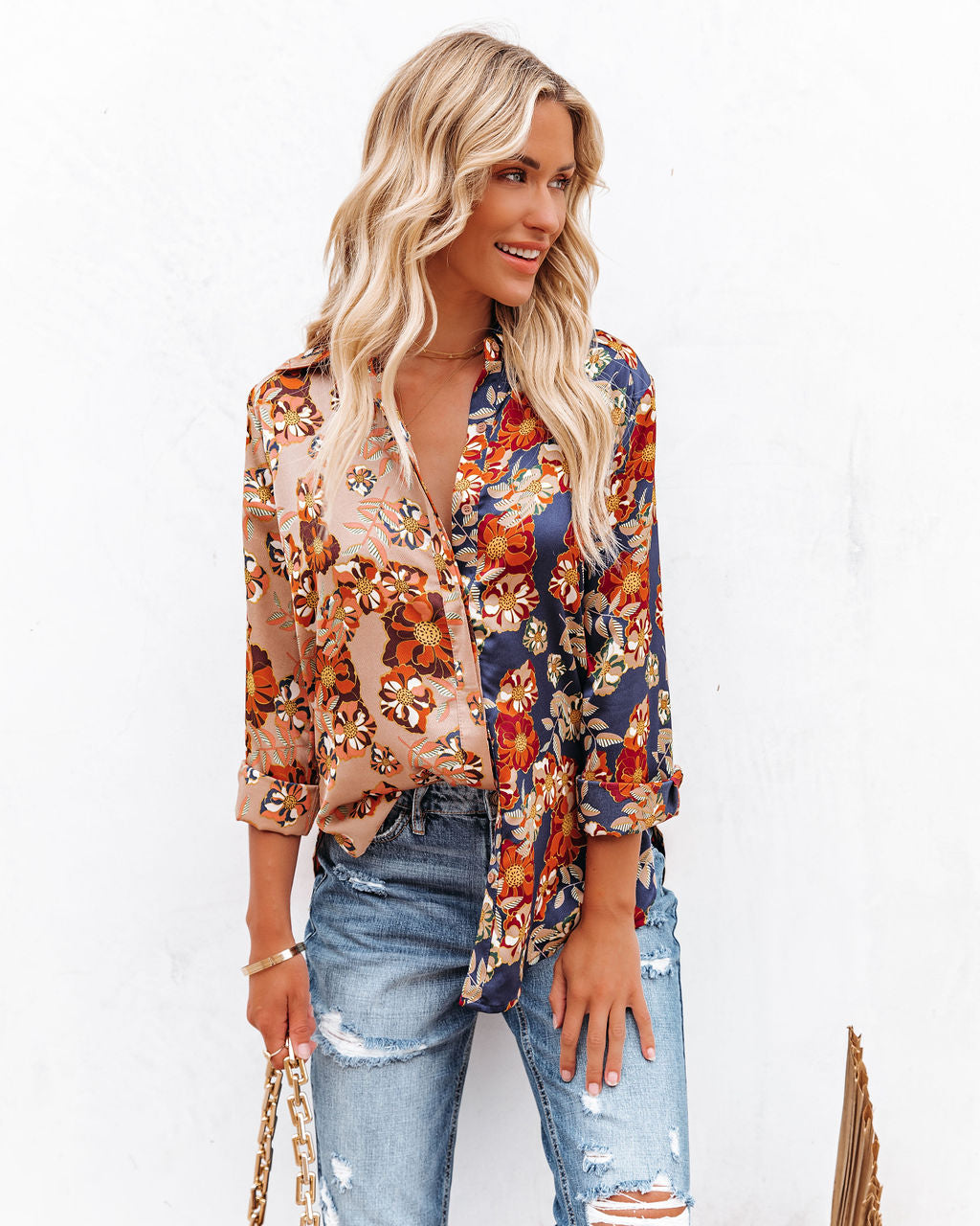 Floral Insight Two-Tone Satin Button Down Blouse Oshnow