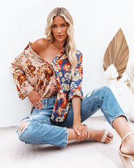 Floral Insight Two-Tone Satin Button Down Blouse Oshnow