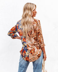 Floral Insight Two-Tone Satin Button Down Blouse Oshnow