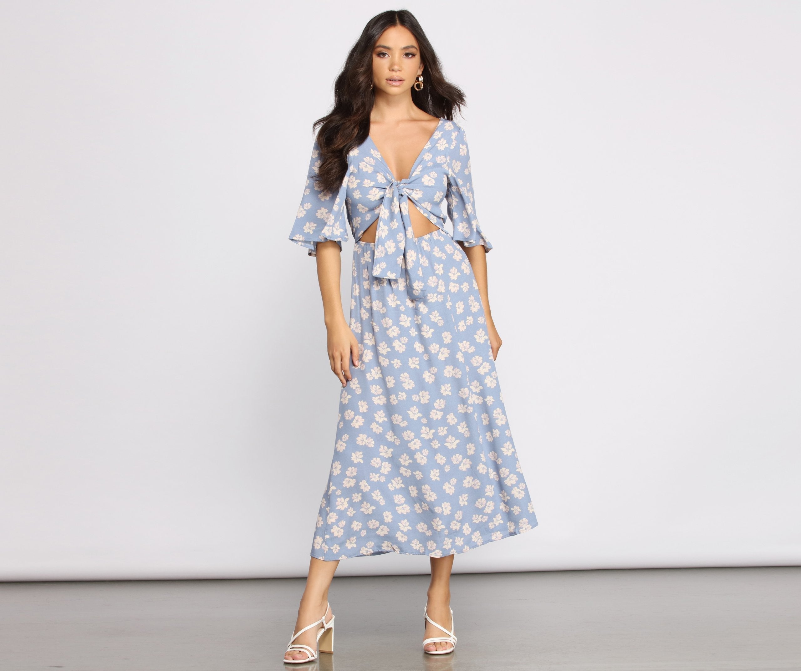 Flowy Floral Woven Midi Dress Oshnow