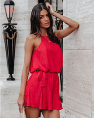 Former Flame Satin Leopard Embossed Romper - Red Oshnow