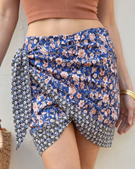 Free To Roam Cotton Floral Wrap Mini Skirt - Navy Multi Oshnow