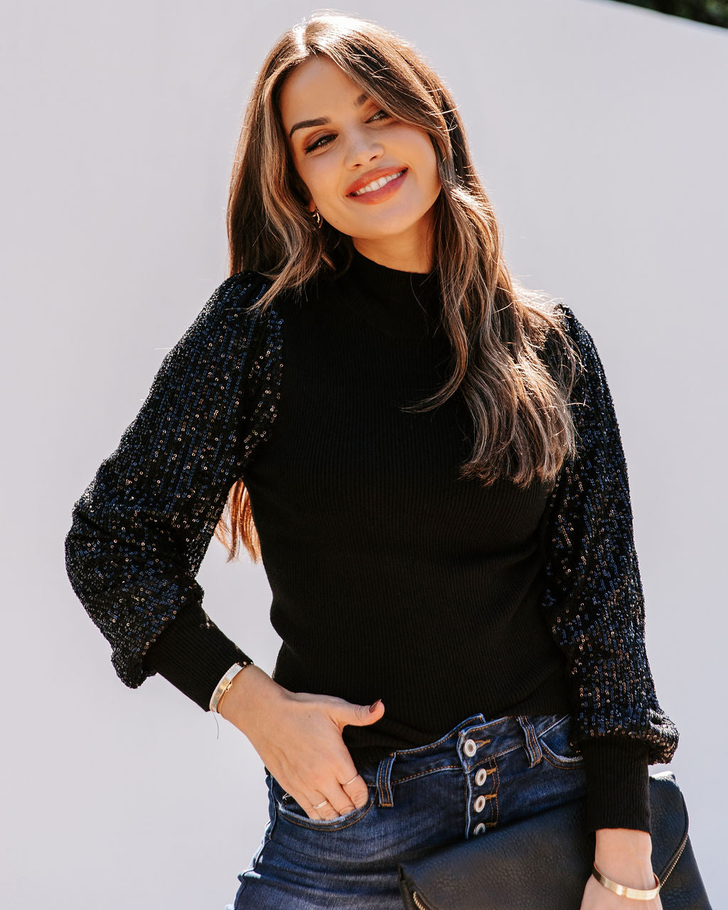 From A Dream Sequin Mock Neck Knit Top - Black Oshnow