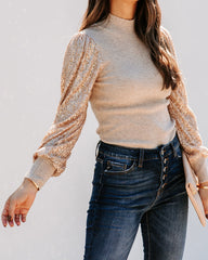 From A Dream Sequin Mock Neck Knit Top - Oatmeal Oshnow