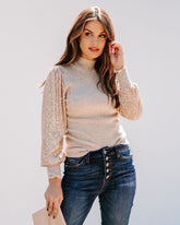 From A Dream Sequin Mock Neck Knit Top - Oatmeal Oshnow