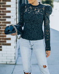 Fulfilled Heart Statement Sleeve Lace Blouse - Black Oshnow
