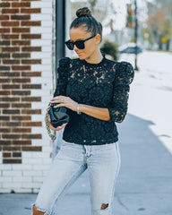 Fulfilled Heart Statement Sleeve Lace Blouse - Black Oshnow
