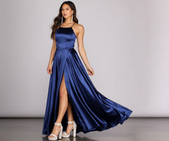 Gabrielle Formal High Slit Satin Dress Oshnow