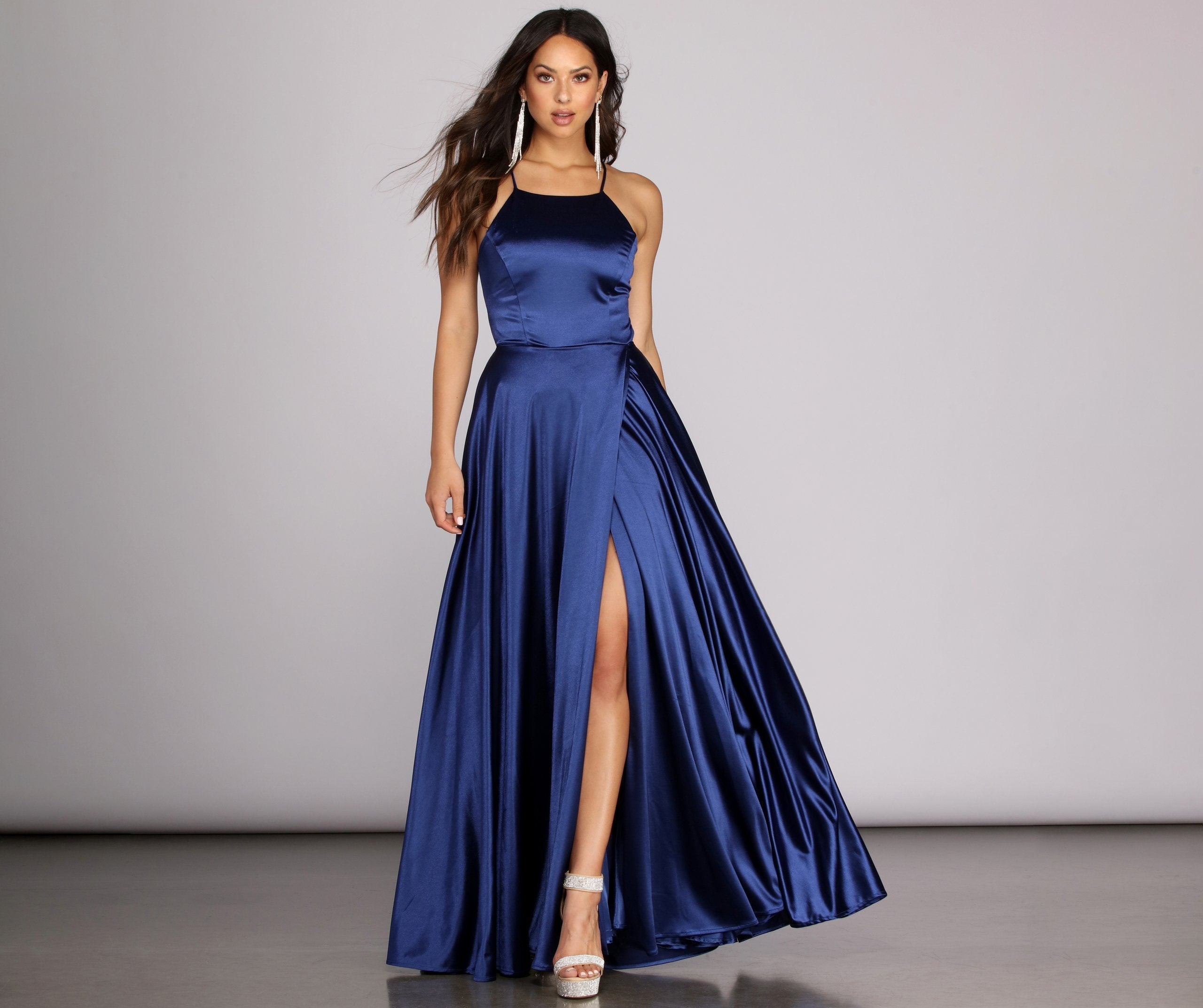 Gabrielle Formal High Slit Satin Dress Oshnow