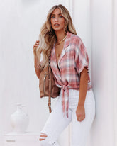 Gaia Plaid Button Down Tie Top - Blush Oshnow