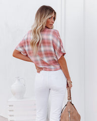 Gaia Plaid Button Down Tie Top - Blush Oshnow