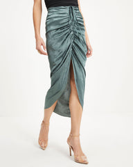Garcelle Ruched Embossed Satin Maxi Skirt - Dark Sage Oshnow