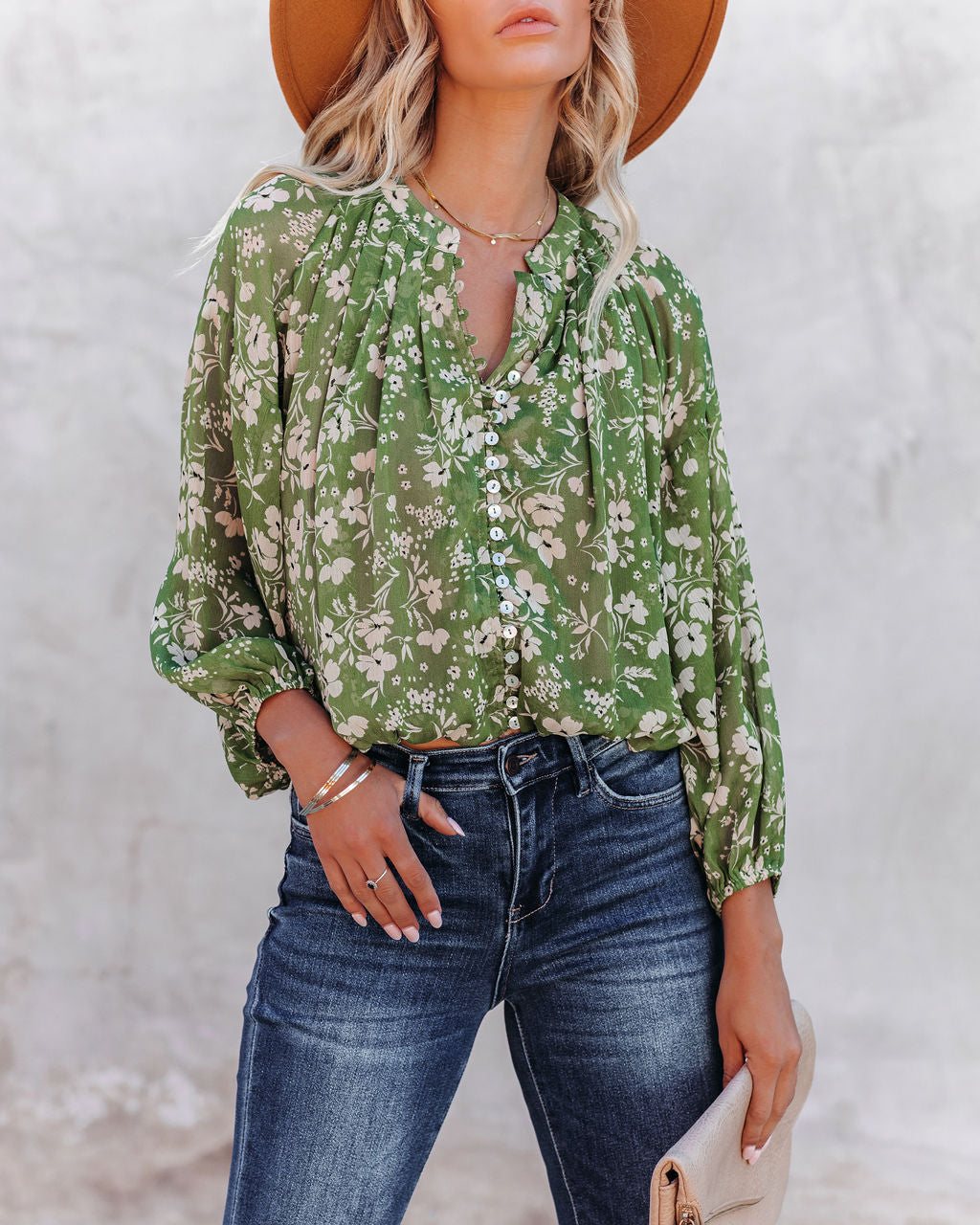 Garden Stroll Button Down Crop Blouse Oshnow