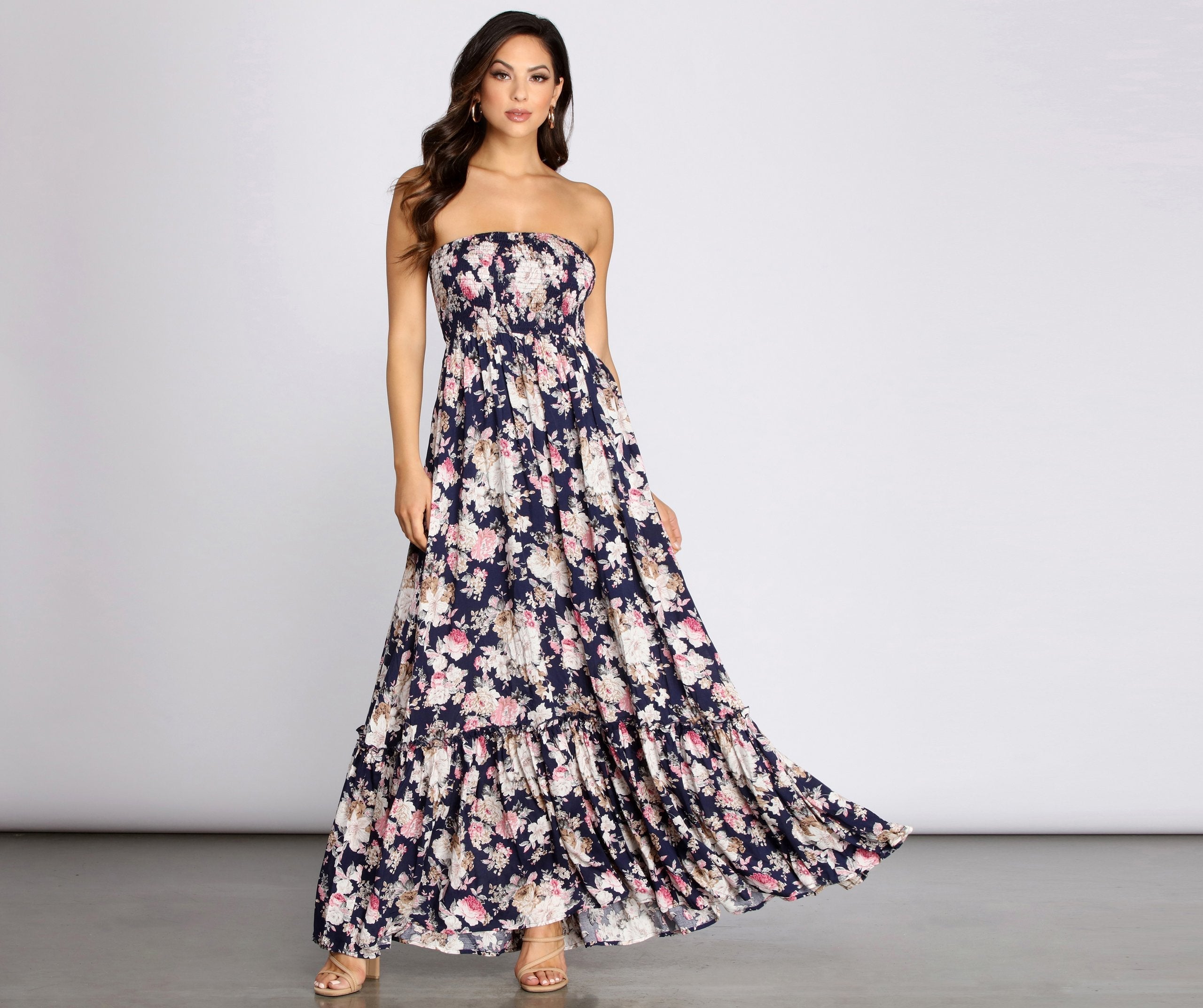 Getaway Girl Floral Smocked Tube Maxi Dress Oshnow