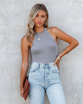 Gia Ribbed Knit Halter Tank - Charcoal Oshnow