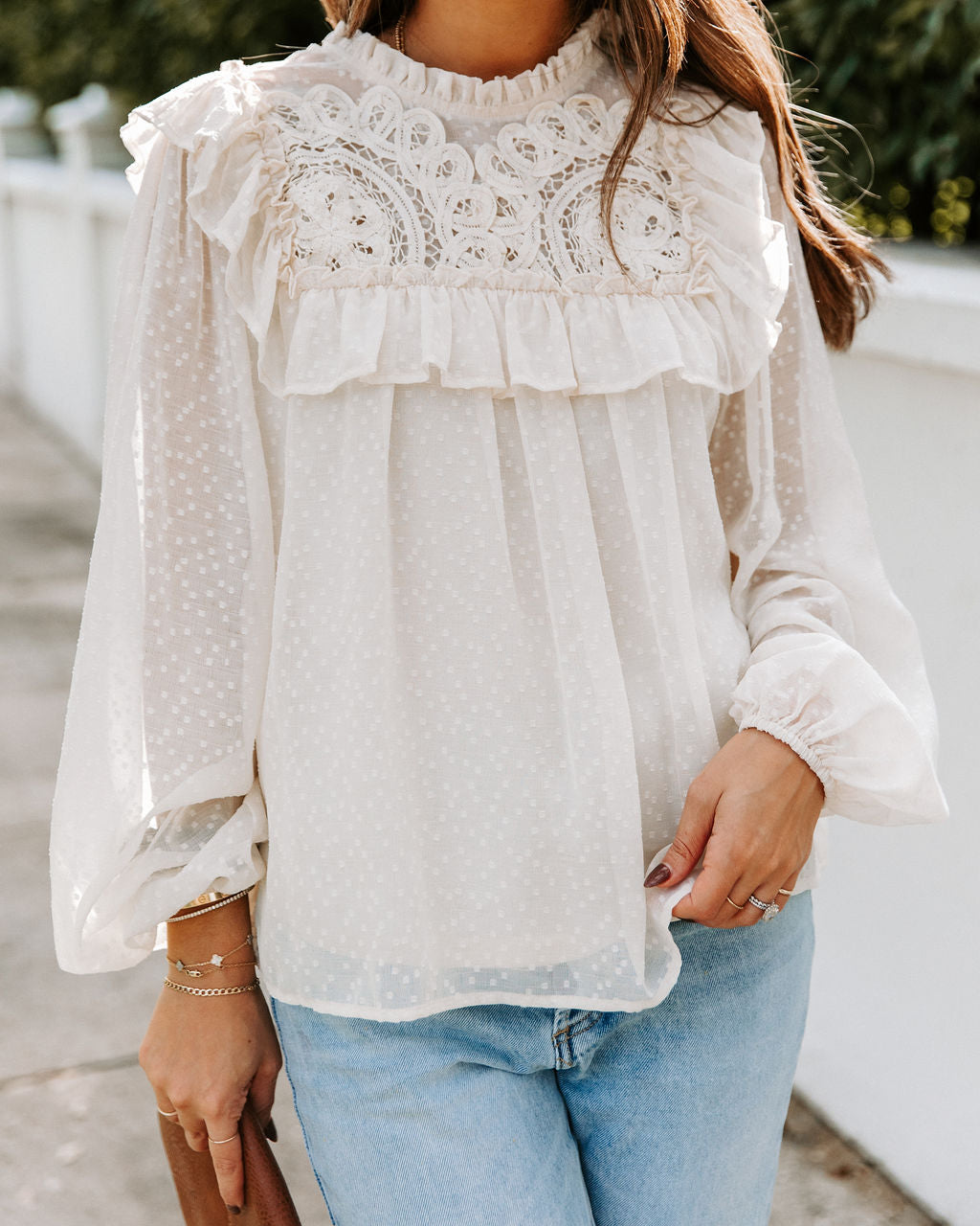 Giani Textured Crochet Ruffle Blouse Oshnow