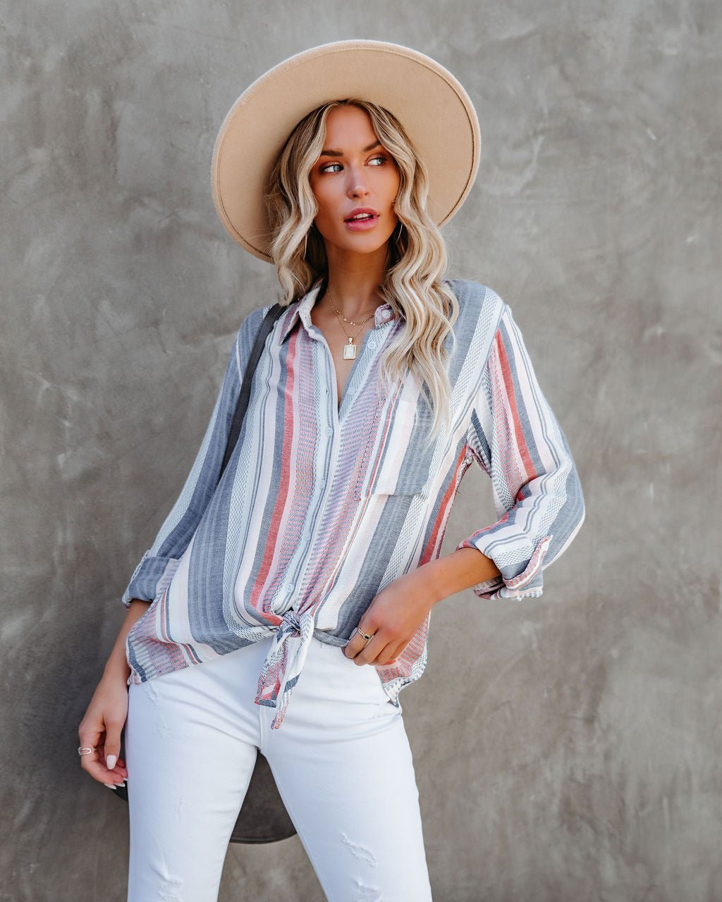 Good Vibrations Woven Button Down Tie Top Oshnow