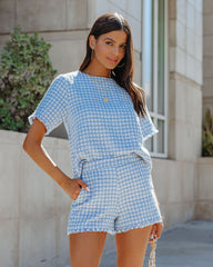Gracie Frayed Short Sleeve Tweed Blouse - Blue Oshnow