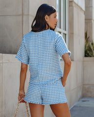 Gracie Frayed Short Sleeve Tweed Blouse - Blue Oshnow
