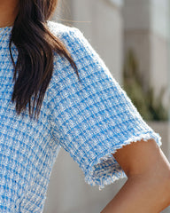 Gracie Frayed Short Sleeve Tweed Blouse - Blue Oshnow